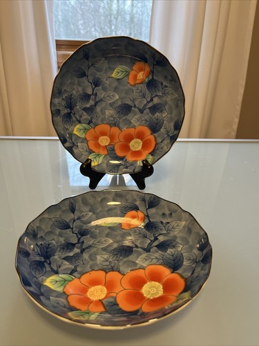 2 Vtg Japanese Arita Juzan Gama 7.5” Shallow Bowls/Plates Porcelain Blue W/Peony - Picture 2 of 19