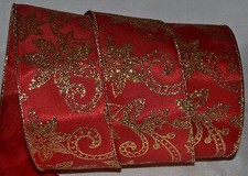 Wired Ribbon Christmas Gold Sparkle Poinsettia Red Swirl Holiday 2.5" Gift Bow