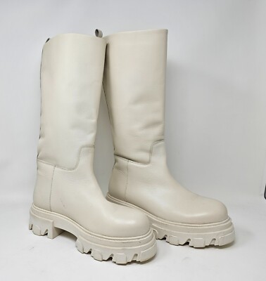 Steve Madden Priority Leather Boots Luxe Lug Sole Women 7.5 M Bone White New