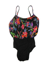 Vtg 90s LONGITUDE Colorful/Black FLORAL ONE-PIECE SWIM SUIT Pool Beach Women 12