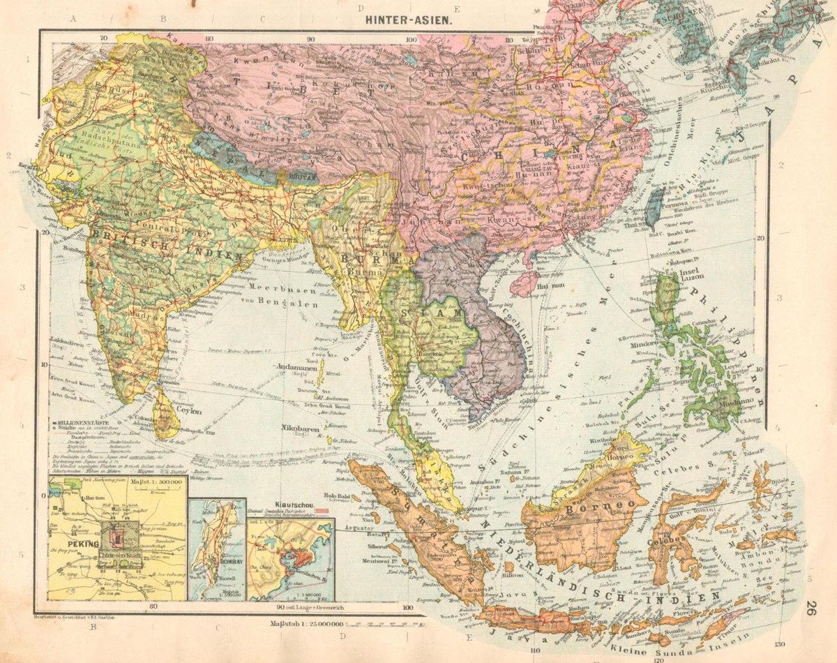 Landkarte. Hinter-Asien, Maßstab 1 : 25 000 000. 3 Nebenkarten
