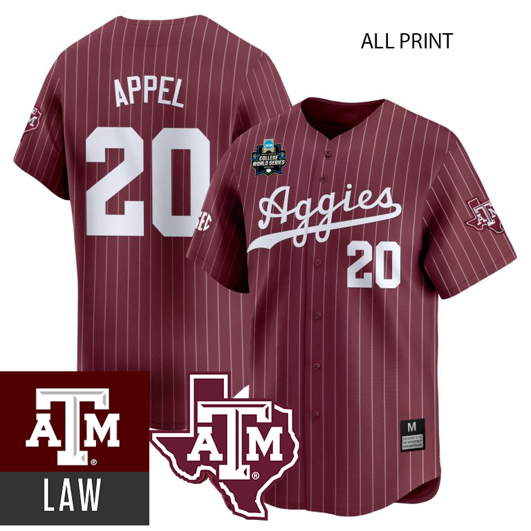 Texas A&M Aggies 2024 Jackson Appel #20 Baseball Jersey - Fully Printed