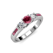 Rhodolite Garnet & Diamond 3 Stone Ring with Side Garnet in 14K Gold JP:74994