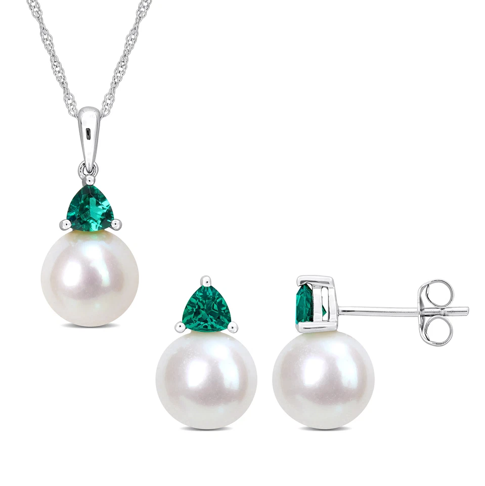 Amour 10K White Gold FW Pearl & Created Emerald Earrings, Pendant & Chain Set