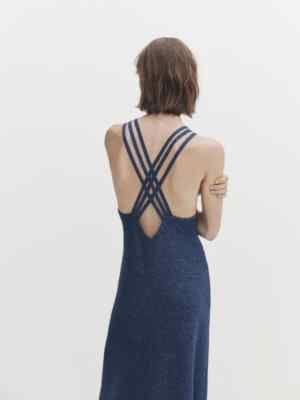 Massimo Dutti Blue Linen Mix Cross Back Maxi Midi Dress Women s Size XS