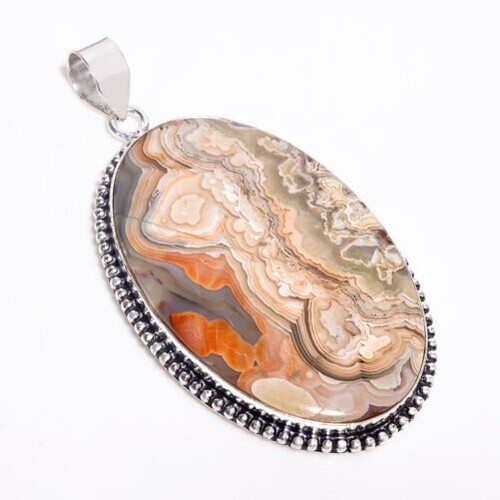 Collier Vintage En Argent Massif Poinçonné Avec Pendentif Agate Mousse - Occasion Très Bon état