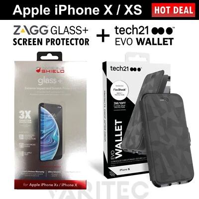 Zagg Glass Screen Protector For iPhone X XS + Tech21 Card Wallet Case Flip Cover - Image 1 of 4