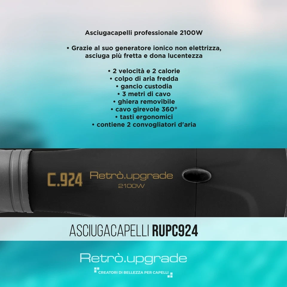 RETRO UPGRADE RUP-C924 ASCIUGACAPELLI PHON PROFESSIONALE 2100W CERAMICA IONI - Immagine 4 di 4