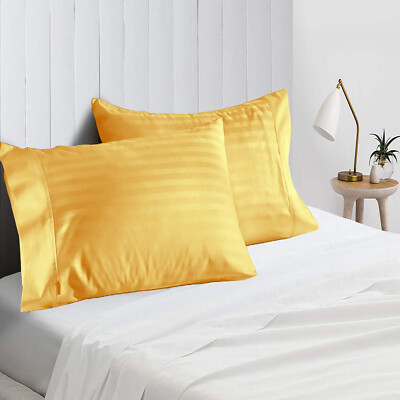 2 PCs OR 4 PCs Pillow Case Pair Egyptian Cotton Gold Stripe Queen,King Size