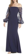 Eliza J Off the Shoulder 3D Floral Sleeve Scuba Crepe Navy Dress New Size 6