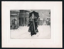 1902 Etching LADY BOUNTIFUL woman on snowy winter street antique art print
