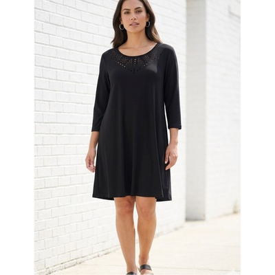 #ad Sympli Black Swing Dress Laser Cut Neckline Classic Minimalist Lagenlook 14 $51.97