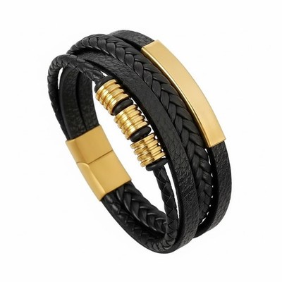 Men s Leather Bracelet Gold Braided Wristband Multi-Layer Magnetic Buckle