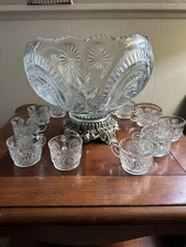 Vtg LE Smith Glass Pinwheel & Stars Slewed Horseshoe Punch Bowl Set with Stand