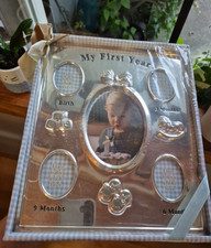 VTG My First Year Silver Baby Photo Frame Birth 3 6 9 Months 3-D Horse Blocks