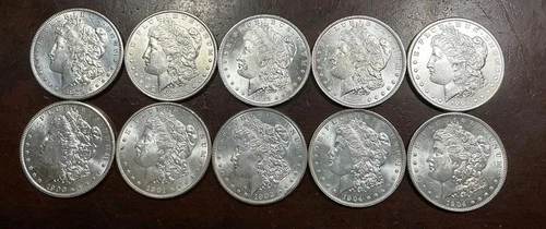 MORGAN DOLLAR LOT 10 COINS ALL AU+UNC BLAST WHITE BEAUTIFUL LUSTER 1879-1904 P O