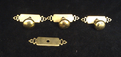 #ad 4 VINTAGE BRASS DRAWER PULLS WITH DECORATIVE ESCUTCHEONS one pull missing $35.00