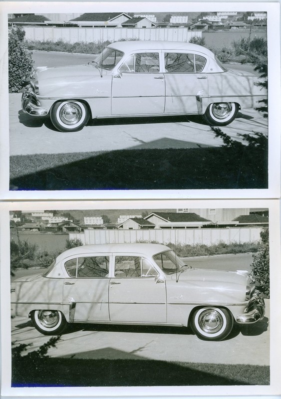 Vintage Snapshot Lot Two-Tone 1954 Plymouth Belvedere Sedan in Suburban Driveway
