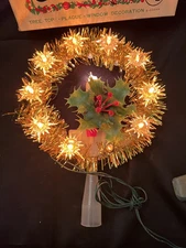 Vintage 11 Light Candle Wreath Christmas Wall or Tree Top Topper Tinsel w/ Holly