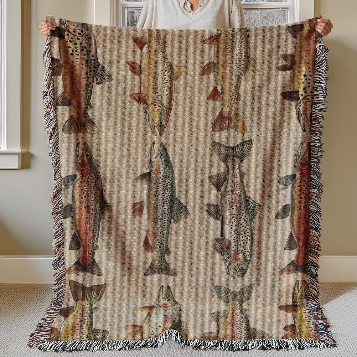 Lake House Woven Blanket Great Lakes Trout Fishing Gift For Him Fishermen