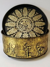 Vintage Collectible Guildcraft Gold Black Embossed Footed Fudgies Tin Container