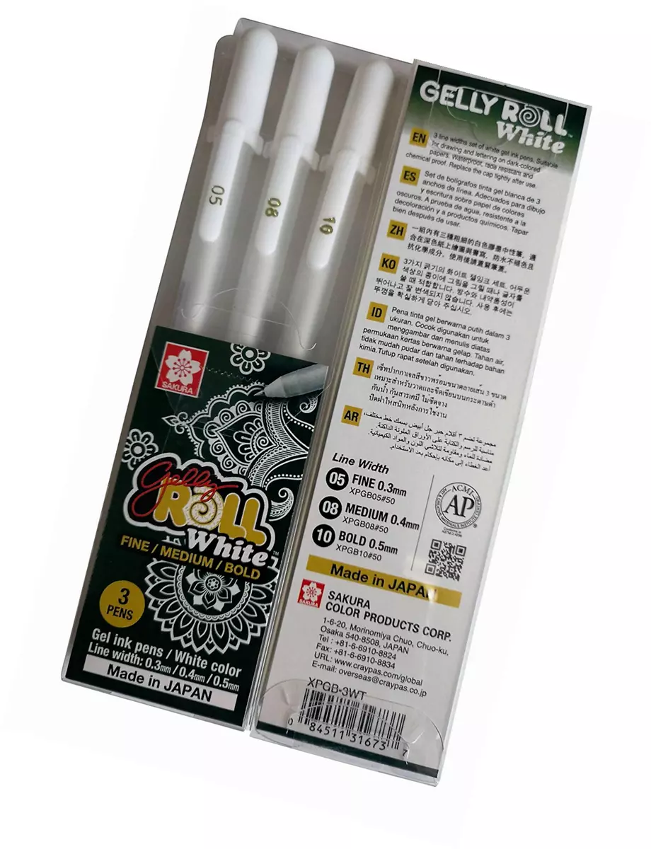 3 x Sakura Gelly Roll White Gel Pen Medium (0.5mm, 0.8mm, 1.0mm) - Set of 3  Pen