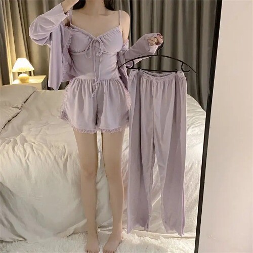 SolidColor Pajamas Sets Womens Outfit Strap Top Long Short Pants Sleepwear Suit - Picture 14 of 24