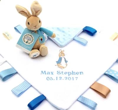 Personalised Peter Rabbit Comfort Blanket Taggy Soft Baby Rattle New Baby Gift!