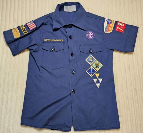 Boy Scouts Uniform Shirt Youth Kids size MEDIUM Blue Patches Vintage BSA 1995