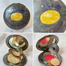 Vtg Compact Enamel Double Vanity Mirrored Powder Rouge Box With Puffs & Screen
