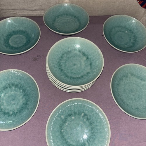 11 JARS, FRANCE 7.5” SOUP BOWLS w Turq/ Seafoam Green Reactive Glaze, Crackle.