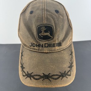 Vtg John Deere Hat Oil Skin Look Brown One Size Cap Adjustable Barbed Wire