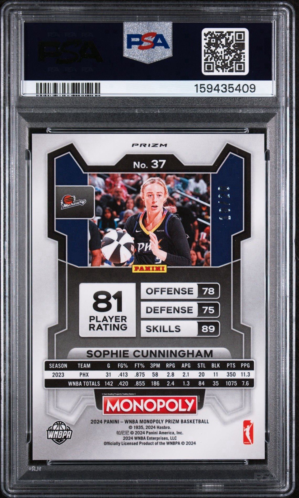 Sophie Cunningham 2024 Prizm Monopoly WNBA Green Millionaire Shimmer #/20 PSA 9 view 2