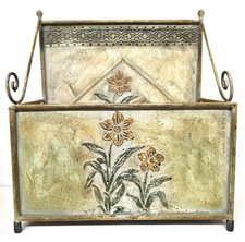Vintage Tin Metal Magazine Rack w/ Floral Decor