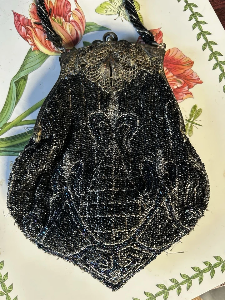 Antique c1920s Flapper Purse Art Nouveau Beaded Handbag w Ornate Frame  - Image 3 of 3