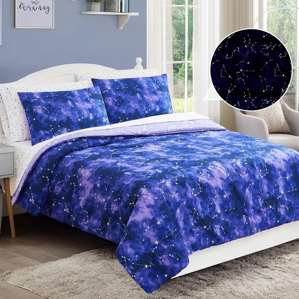 Juego de edredón tamaño completo -7 piezas niñas niños galaxia brilla en la oscuridad cama completa... Foto 3 de 4