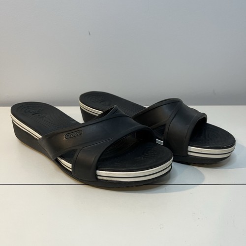 Crocs Kadee Wedge Crocband Womens Size 10 Black Slide Sandal White Trim Comfort - Picture 3 of 9