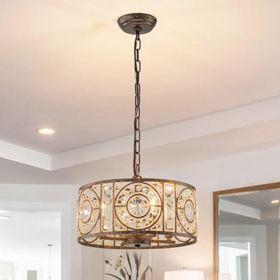 Vintage Bronze Crystal Drum Chandelier for Dining Room & Living Spaces