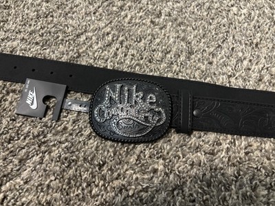 Nike Country Men's Rhinestone Plaque Buckle Embossed Leather BeltBlack Size XL