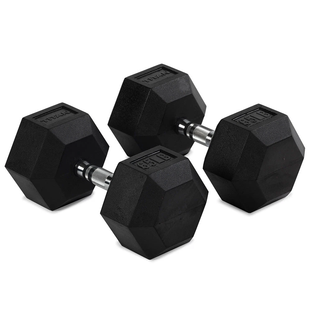 Titan Fitness 65 LB Pair Free Weights, Black Rubber Coated Hex Dumbbell