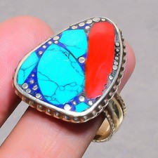 Tibetan Turquoise Red Coral Handmade Ethnic Boho Nepali Jewelry Ring 11" SR 3431