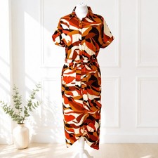 70s Style Abstract Print Shirt Midi Dress Belted Orange Rust Boho UK 10
