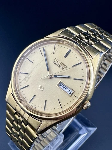 Working Vintage Rare 1988 Seiko SQ Mens 5Y23-8040 Gold Dial Day-Date Watch R1