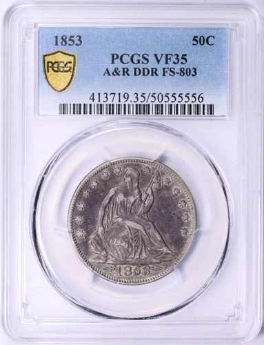 Pop of 1, 1853 Seated Liberty Half Dollar Arrows and Rays, DDR FS-803 PCGS VF-35