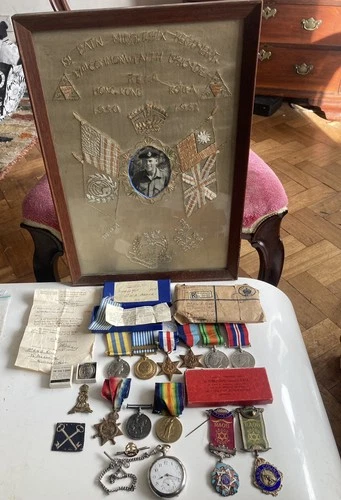 WW1 WW2 Family Medal Group Inc Trio Korea UN Medal Papers Badges Photo & Watch