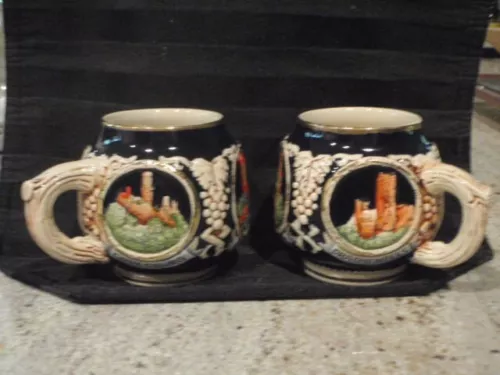 2 VINTAGE GERMAN CASTLE MUGS MARKED MARZI REMI COBALT BLUE STONEWARE 2885 #16
