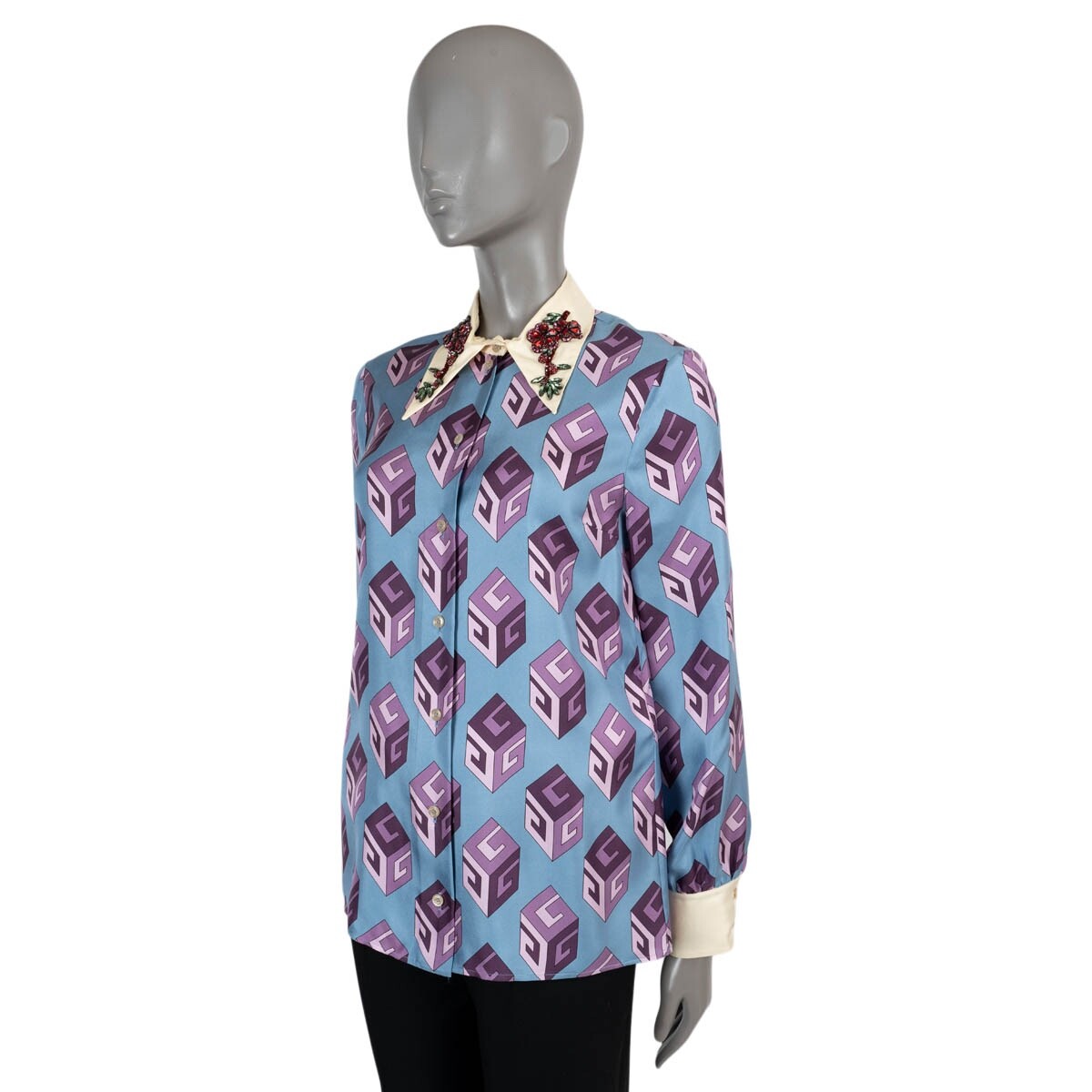 69448 auth GUCCI blue purple silk 2017 G CUBE CRYSTAL Button-Up