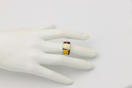 Art Ring Sterling Silver famous artist Mondrian Enamel Inspired Artistic Ring - Picture 7 of 14