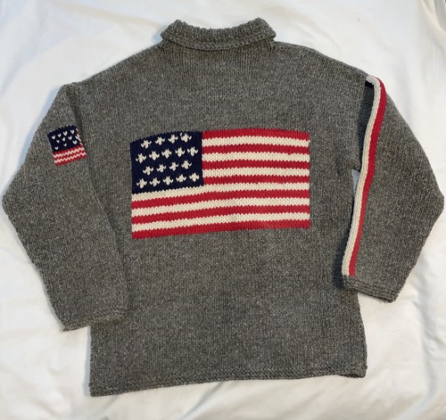 Vtg Otavalo Native Americans Wool Hand Knit Cardigan Sweater American Flag Sz Xl - Picture 2 of 12
