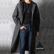 Men Black Long Raincoat Rain Coat Hooded Trench Jacket Outdoor Hiking Waterproof